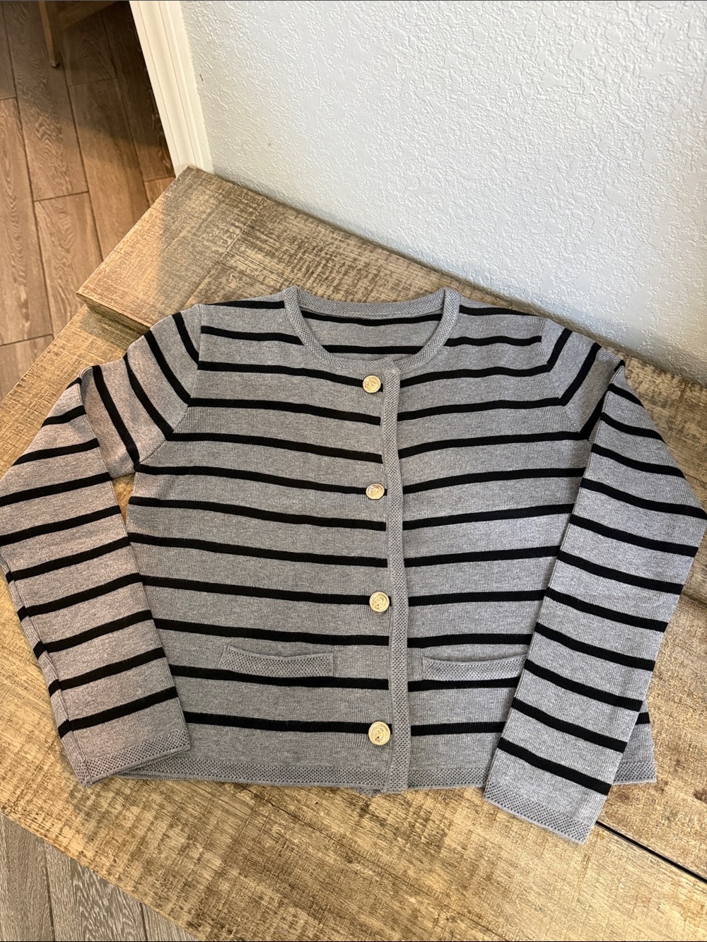 Classic Striped Crewneck Cardigan - Gray/Black